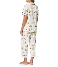 BedHead Fashion Week Print Short Sleeve Notch Collar Organic Cotton Jersey Knit Cropped Pajama Set