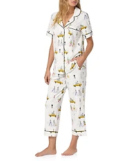 BedHead Fashion Week Print Short Sleeve Notch Collar Organic Cotton Jersey Knit Cropped Pajama Set