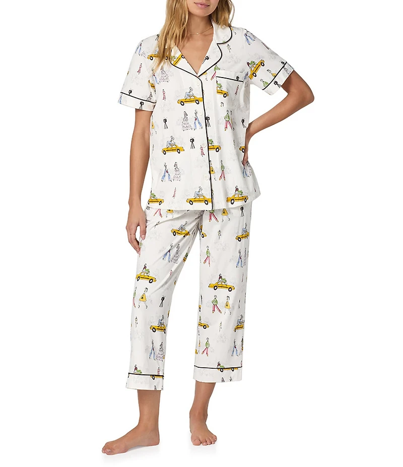 BedHead Fashion Week Print Short Sleeve Notch Collar Organic Cotton Jersey Knit Cropped Pajama Set