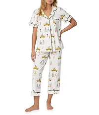 BedHead Fashion Week Print Short Sleeve Notch Collar Organic Cotton Jersey Knit Cropped Pajama Set