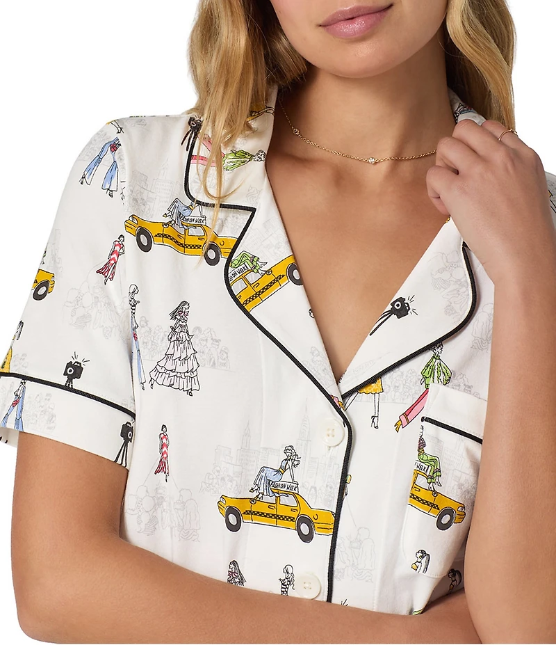 BedHead Fashion Week Print Short Sleeve Notch Collar Organic Cotton Jersey Knit Cropped Pajama Set