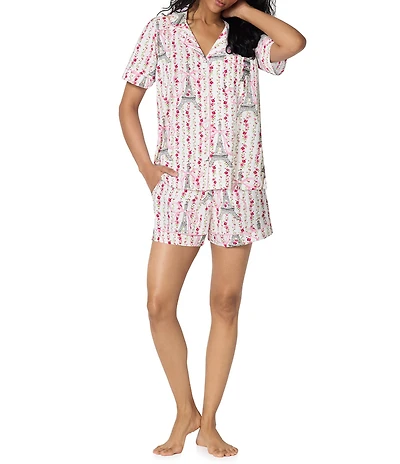 BedHead Fleur De La Tour Print Short Sleeve Notch Collar Jersey Knit Organic Cotton Shorty Pajama Set