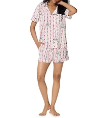BedHead Fleur De La Tour Print Short Sleeve Notch Collar Jersey Knit Organic Cotton Shorty Pajama Set