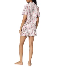 BedHead Fleur De La Tour Print Short Sleeve Notch Collar Jersey Knit Organic Cotton Shorty Pajama Set