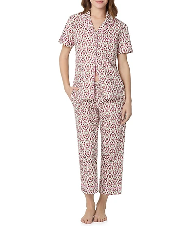 BedHead Floral Print Short Sleeve Notch Collar Organic Cotton Poplin Cropped Pajama Set