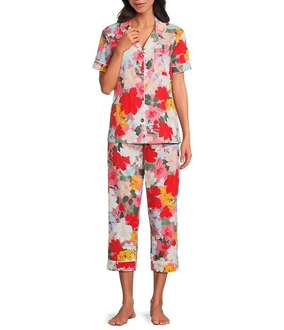 BedHead Floral Print Short Sleeve Notch Collar Organic Cotton Poplin Cropped Pajama Set