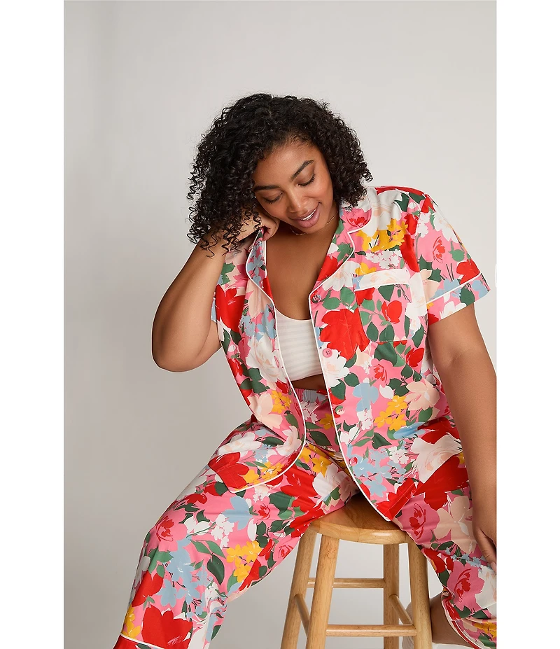 BedHead Floral Print Short Sleeve Notch Collar Organic Cotton Poplin Cropped Pajama Set