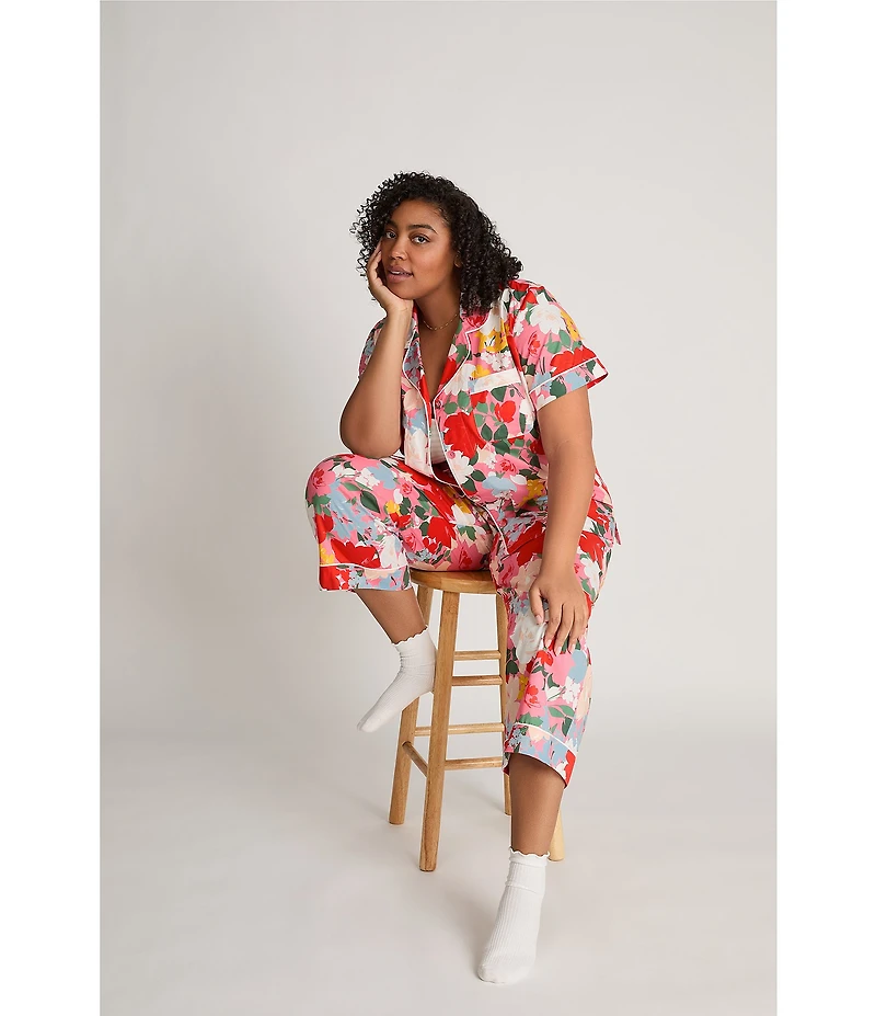 BedHead Floral Print Short Sleeve Notch Collar Organic Cotton Poplin Cropped Pajama Set