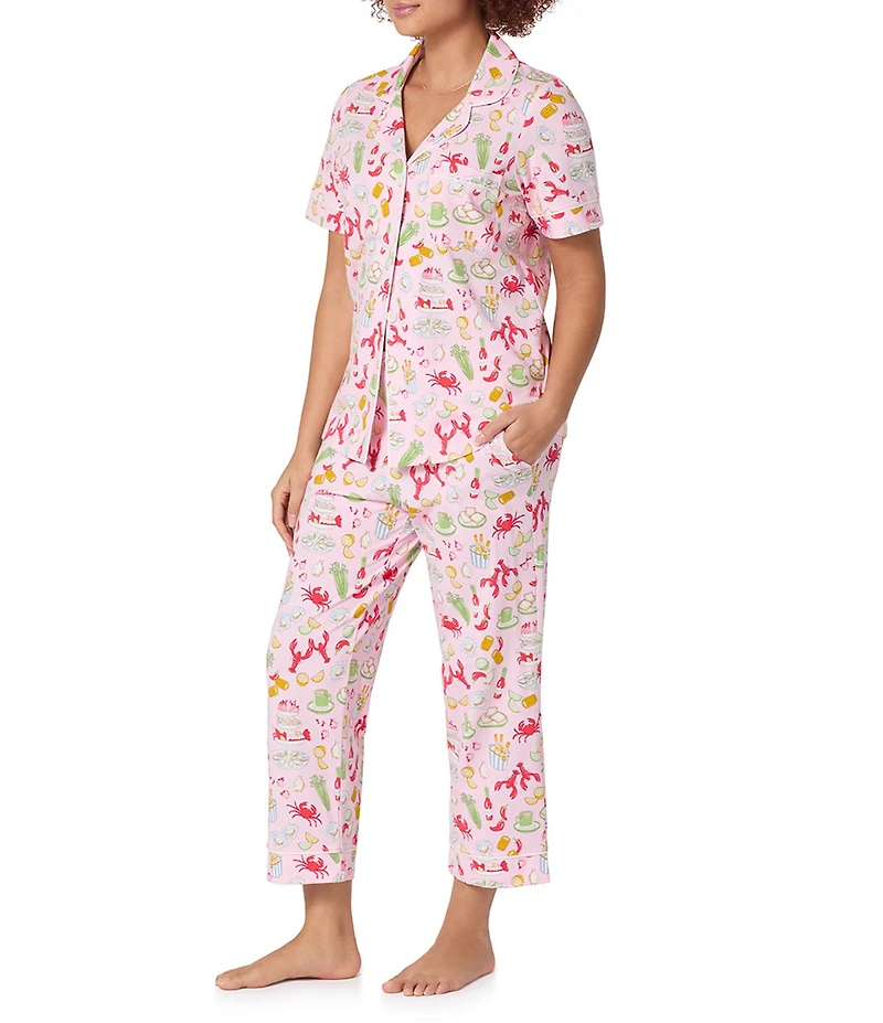 BedHead French Quarter Print Short Sleeve Notch Collar Organic Cotton Jersey Knit Cropped Pajama Set