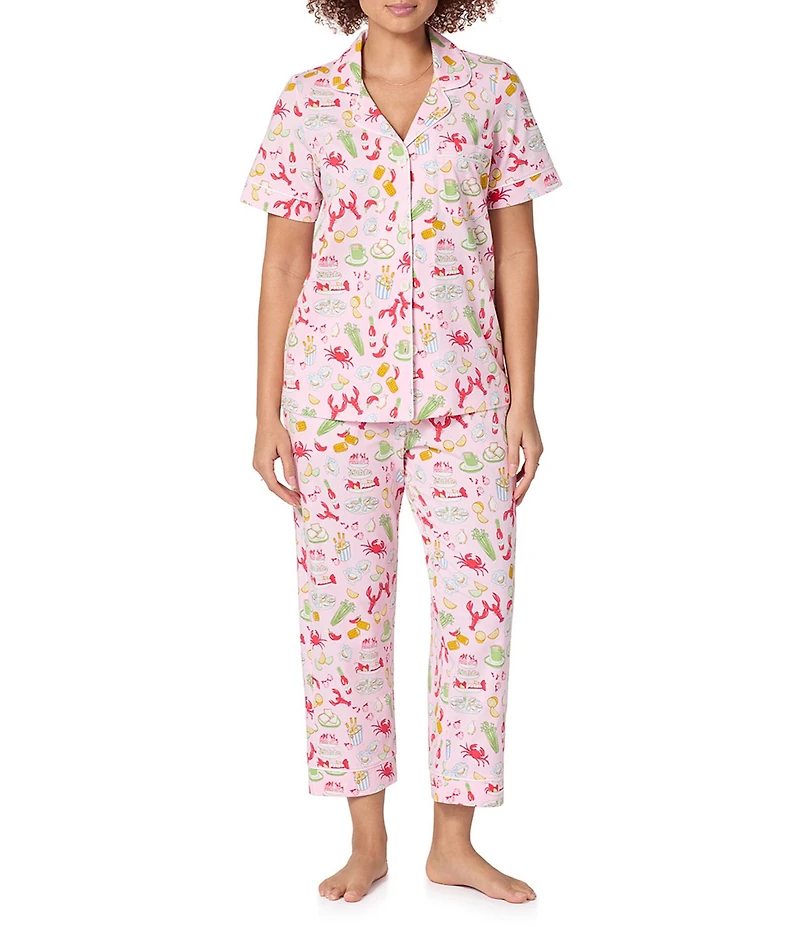 BedHead French Quarter Print Short Sleeve Notch Collar Organic Cotton Jersey Knit Cropped Pajama Set