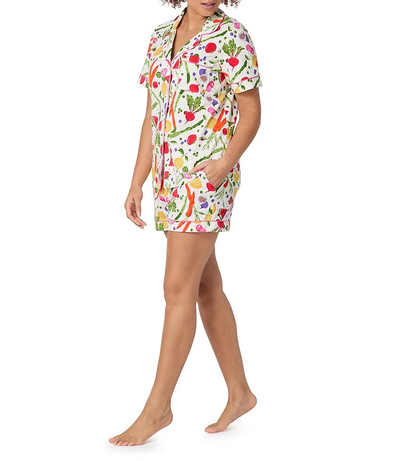 BedHead Garden Print Organic Cotton Blend Short Sleeve Notch Collar Knit Shorty Pajama Set