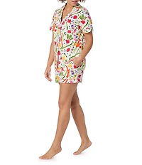 BedHead Garden Print Organic Cotton Blend Short Sleeve Notch Collar Knit Shorty Pajama Set