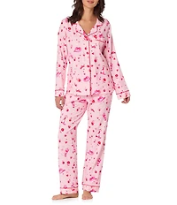 BedHead Giddy Up Galetine Print Organic Cotton Blend Long Sleeve Notch Collar Knit Long Pajama Set