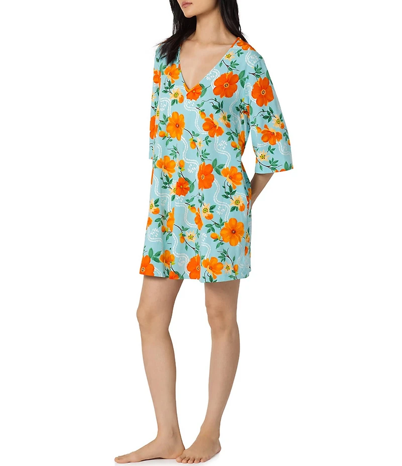 BedHead Golden Breeze Print 3/4 Sleeve V-Neck Stretch Jersey Knit Organic Cotton Short Nightgown