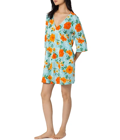 BedHead Golden Breeze Print 3/4 Sleeve V-Neck Stretch Jersey Knit Organic Cotton Short Nightgown