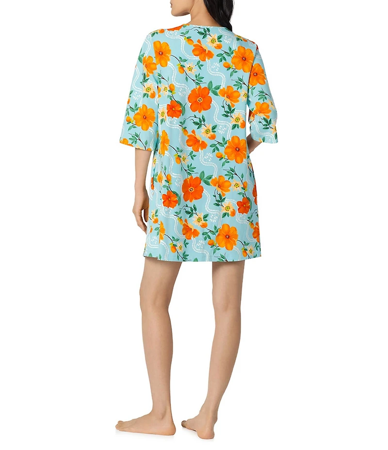 BedHead Golden Breeze Print 3/4 Sleeve V-Neck Stretch Jersey Knit Organic Cotton Short Nightgown