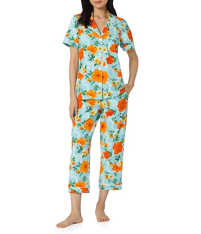 BedHead Golden Breeze Print Short Sleeve Notch Collar Classic Stretch Jersey Knit Cropped Pajama Set