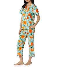 BedHead Golden Breeze Print Short Sleeve Notch Collar Classic Stretch Jersey Knit Cropped Pajama Set