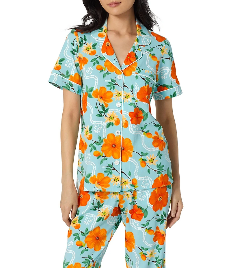 BedHead Golden Breeze Print Short Sleeve Notch Collar Classic Stretch Jersey Knit Cropped Pajama Set
