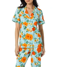 BedHead Golden Breeze Print Short Sleeve Notch Collar Classic Stretch Jersey Knit Cropped Pajama Set
