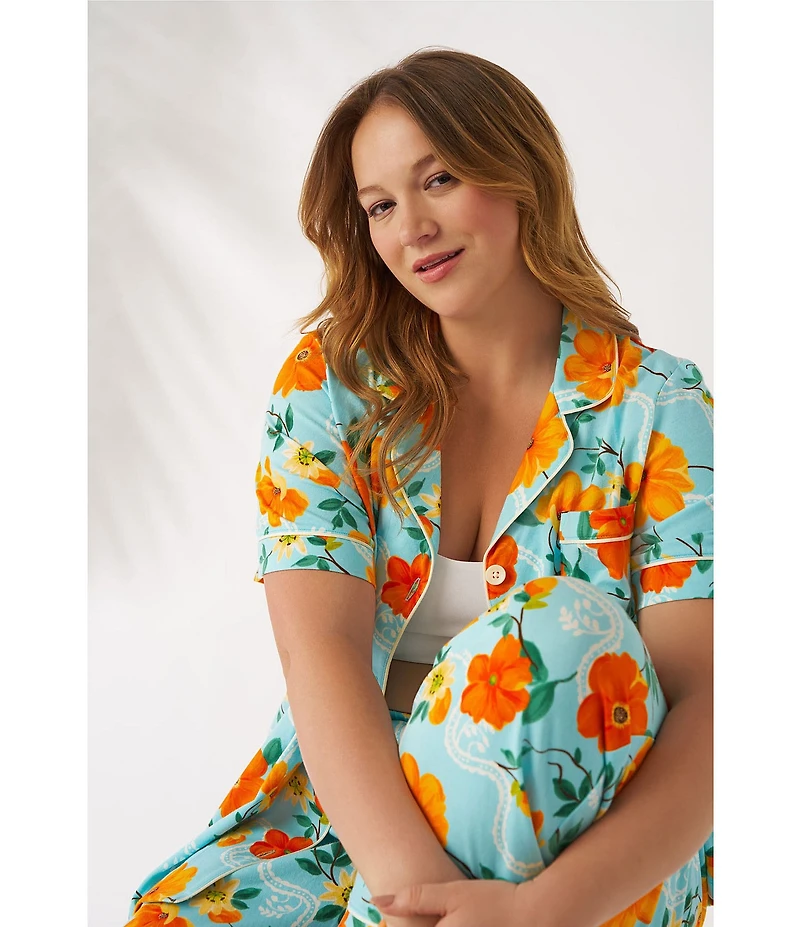 BedHead Golden Breeze Print Short Sleeve Notch Collar Classic Stretch Jersey Knit Cropped Pajama Set
