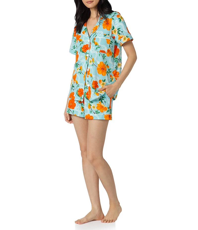 BedHead Golden Breeze Print Short Sleeve Notch Collar Classic Stretch Jersey Knit Organic Cotton Shorty Pajama Set