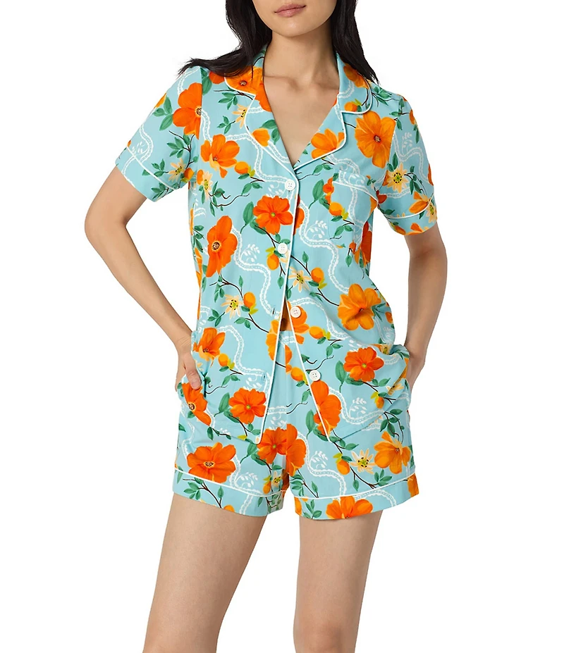 BedHead Golden Breeze Print Short Sleeve Notch Collar Classic Stretch Jersey Knit Organic Cotton Shorty Pajama Set