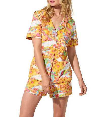 BedHead Good Vibes Print Organic Cotton Blend Short Sleeve Notch Collar Knit Shorty Pajama Set