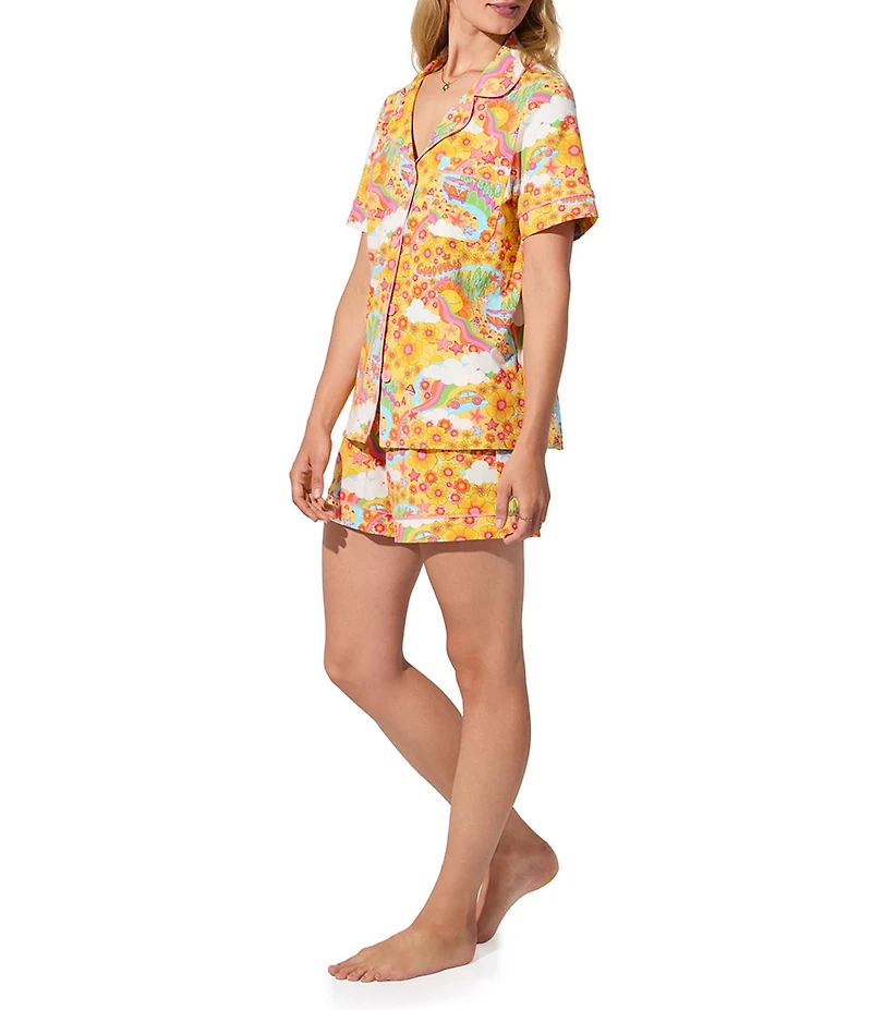 BedHead Good Vibes Print Organic Cotton Blend Short Sleeve Notch Collar Knit Shorty Pajama Set