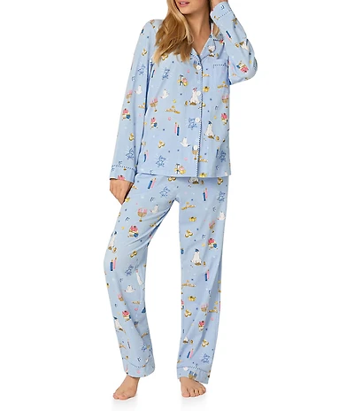 Bedhead Holiday Love and Light Print Organic Cotton Long Sleeve Notch Collar Knit Pajama Set