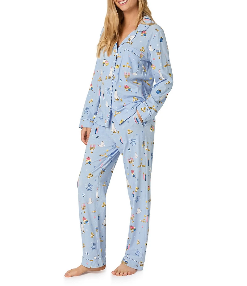 Bedhead Holiday Love and Light Print Organic Cotton Long Sleeve Notch Collar Knit Pajama Set