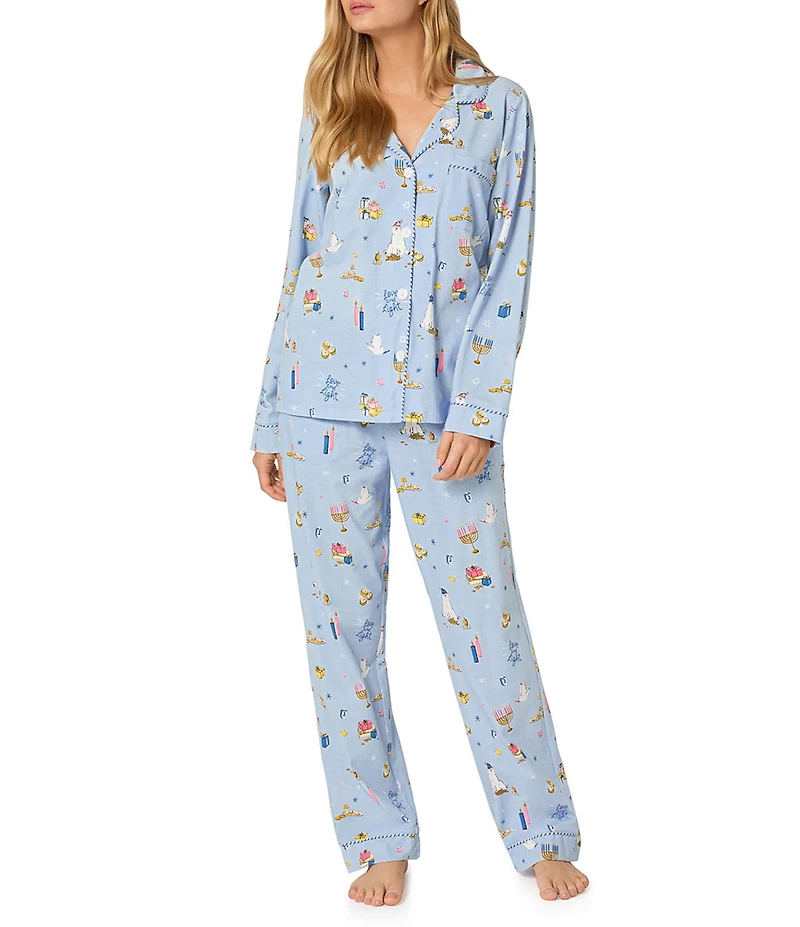 Bedhead Holiday Love and Light Print Organic Cotton Long Sleeve Notch Collar Knit Pajama Set