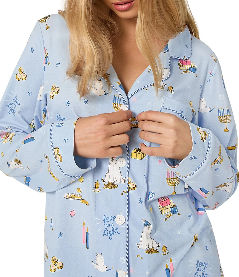 Bedhead Holiday Love and Light Print Organic Cotton Long Sleeve Notch Collar Knit Pajama Set
