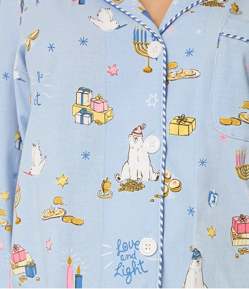 Bedhead Holiday Love and Light Print Organic Cotton Long Sleeve Notch Collar Knit Pajama Set