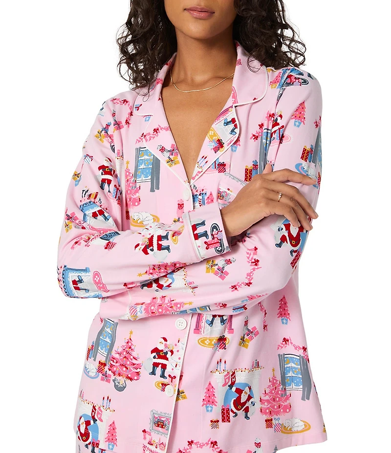 Bedhead Holiday Must Be Santa Print Long Sleeve Notch Collar Knit Long Holiday Pajama Set