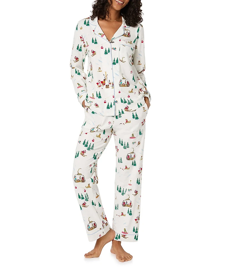 BedHead Holiday Ski Pups Print Long Sleeve Notch Collar Knit Long Holiday Pajama Set