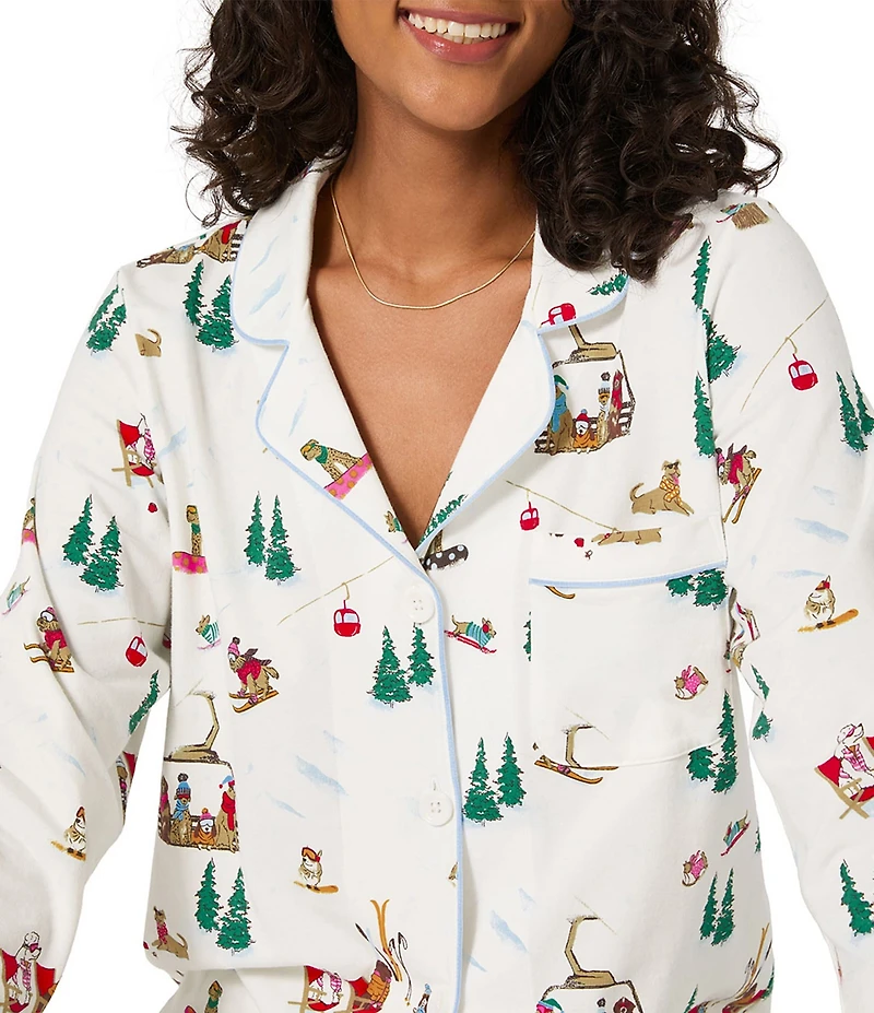 BedHead Holiday Ski Pups Print Long Sleeve Notch Collar Knit Long Holiday Pajama Set