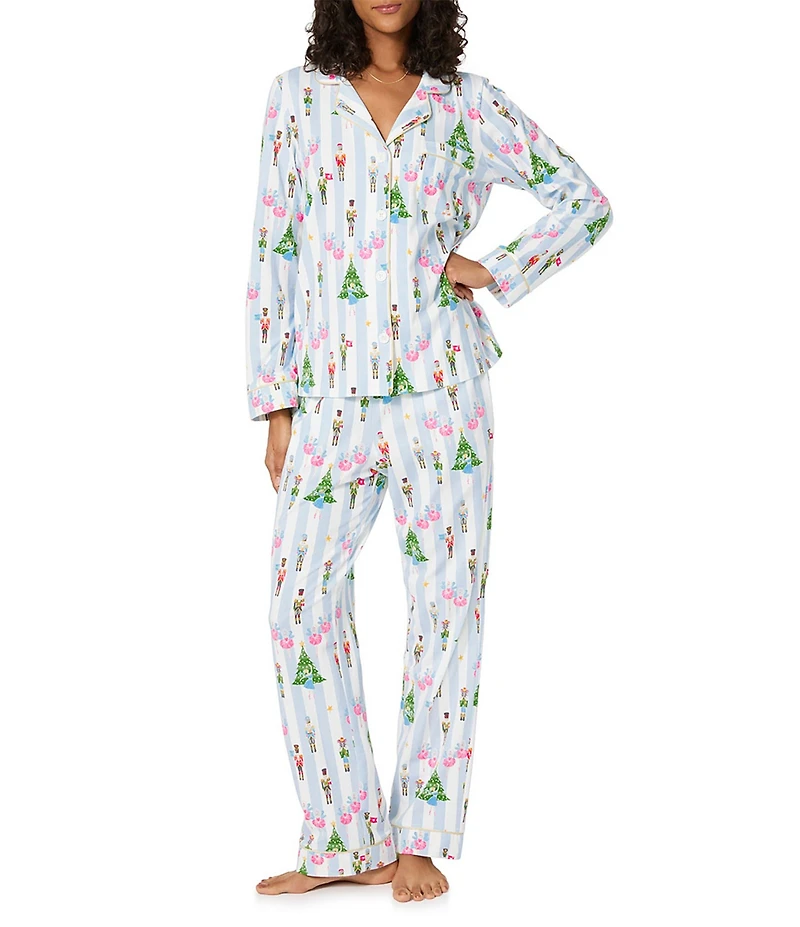 BedHead Holiday Sugarplum Stripe Print Long Sleeve Notch Collar Knit Long Holiday Pajama Set