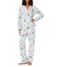 BedHead Holiday Sugarplum Stripe Print Long Sleeve Notch Collar Knit Long Holiday Pajama Set