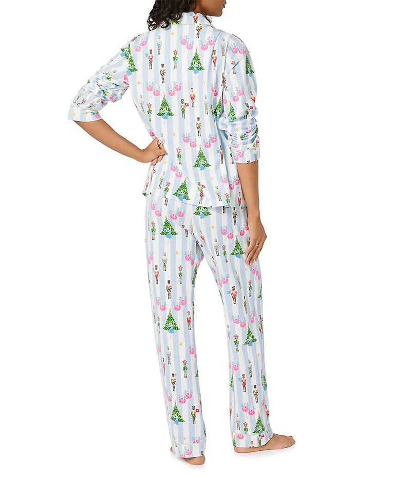BedHead Holiday Sugarplum Stripe Print Long Sleeve Notch Collar Knit Long Holiday Pajama Set