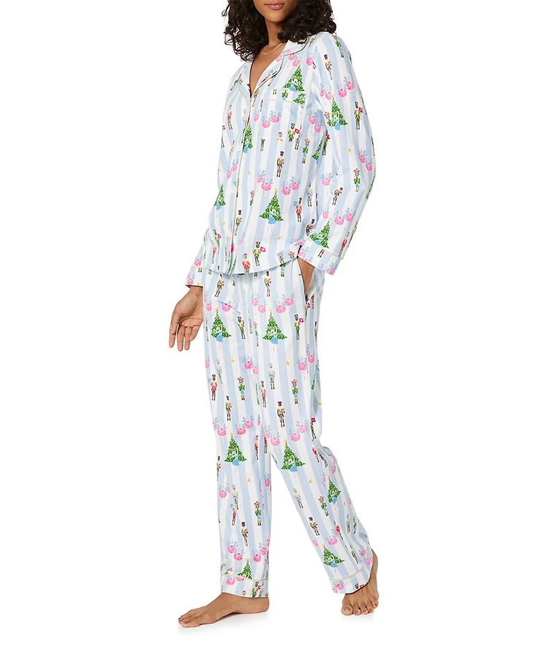 BedHead Holiday Sugarplum Stripe Print Long Sleeve Notch Collar Knit Long Holiday Pajama Set