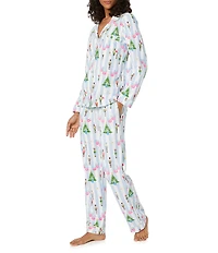 BedHead Holiday Sugarplum Stripe Print Long Sleeve Notch Collar Knit Long Holiday Pajama Set