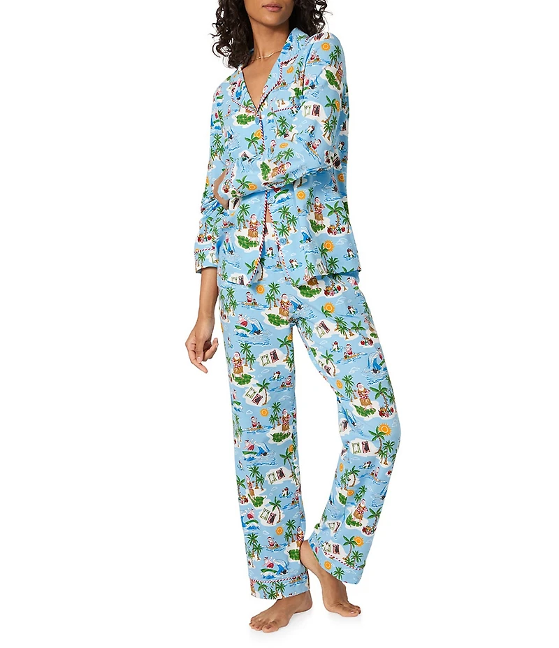 Bedhead Holiday Surfing Santa Print Long Sleeve Notch Collar Knit Long Holiday Pajama Set