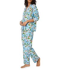 Bedhead Holiday Surfing Santa Print Long Sleeve Notch Collar Knit Long Holiday Pajama Set