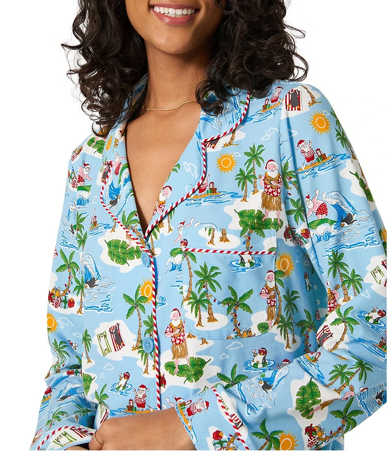 Bedhead Holiday Surfing Santa Print Long Sleeve Notch Collar Knit Long Holiday Pajama Set
