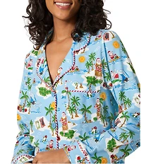 Bedhead Holiday Surfing Santa Print Long Sleeve Notch Collar Knit Long Holiday Pajama Set