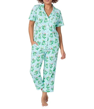 BedHead Jazzy Gators Print Short Sleeve Notch Collar Organic Cotton Jersey Knit Cropped Pajama Set