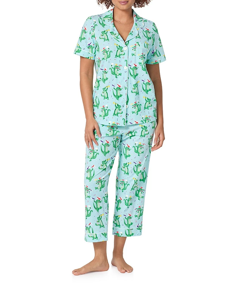 BedHead Jazzy Gators Print Short Sleeve Notch Collar Organic Cotton Jersey Knit Cropped Pajama Set