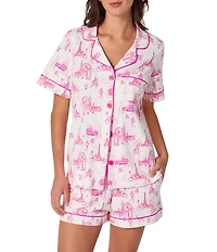 BedHead Jet Setter Toile Print Organic Cotton Blend Short Sleeve Notch Collar Knit Shorty Pajama Set