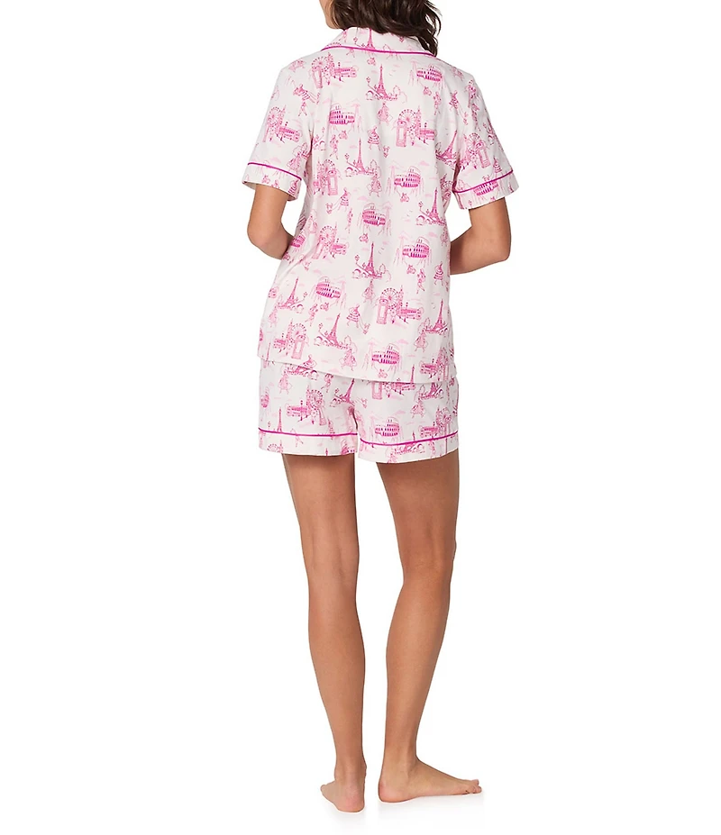 BedHead Jet Setter Toile Print Organic Cotton Blend Short Sleeve Notch Collar Knit Shorty Pajama Set